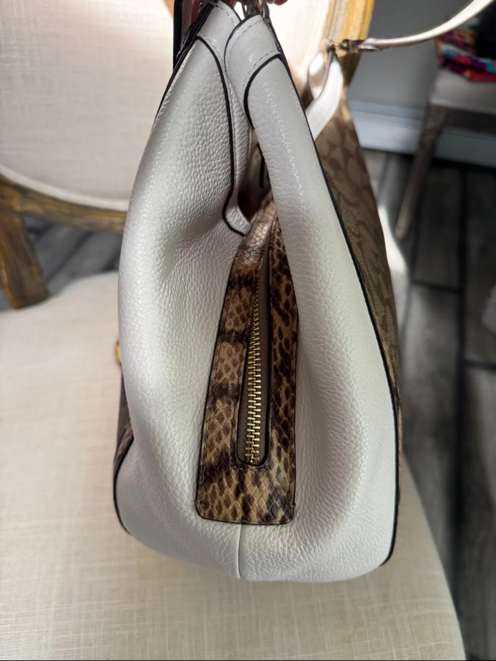 Coach Kristy Signature Canvas Shoulder Bag with White Panels & Snakeskin Trim